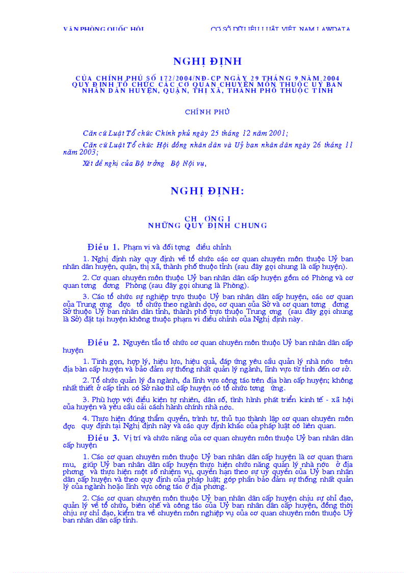 Nghị định của chính phủ Số 172 2004 NĐ CP ngày 29 tháng 9 năm 2004 Quy định tổ chức các cơ quan chuyên môn thuộc Uỷ ban nhân dân huyện quận thị x thành phố thuộc tỉnh