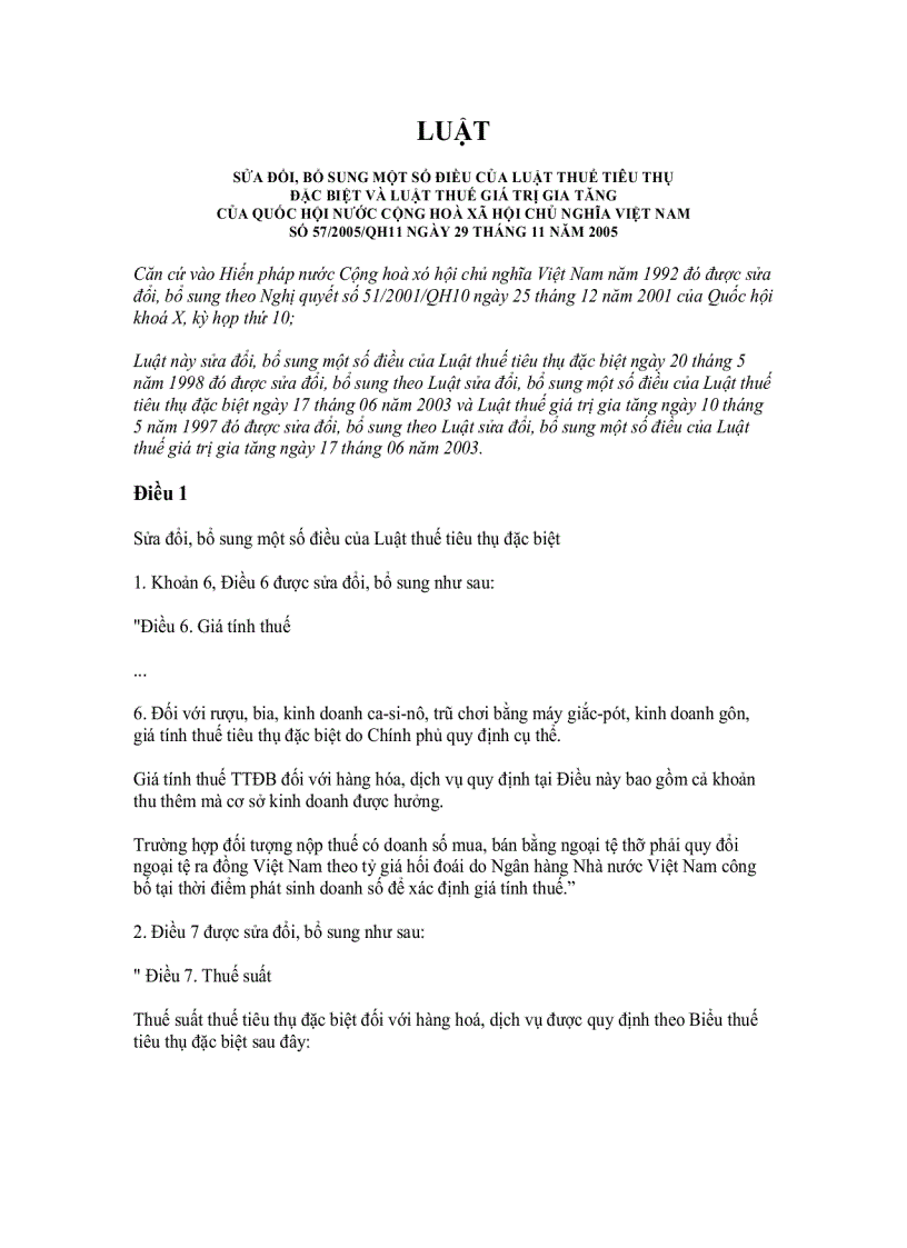 Luật sửa đổi bổ sung một số điều của luật thuế tiêu thụ đặc biệt và luật thuế giá trị gia tăng số 57 2005 qh11 ngày 29 tháng 11 năm 2005