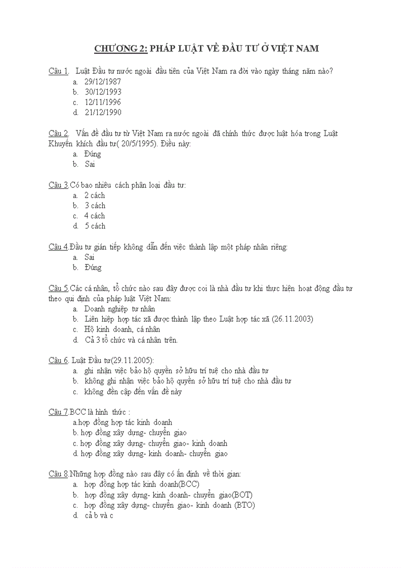 Câu hỏi trắc nghiệm Luật Kinh Tế PHẦN PHÁP LUẬT VỀ ĐẦU TƯ Ở VIỆT NAM