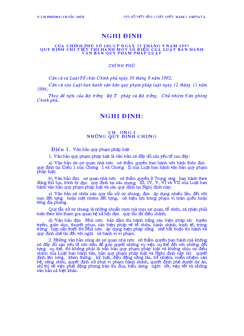 Nghị định của Chính phủ số 101 CP ngày 23 tháng 9 năm 1997 quy định chi tiết thi hành một số điều của Luật ban hành văn bản quy phạm pháp luật