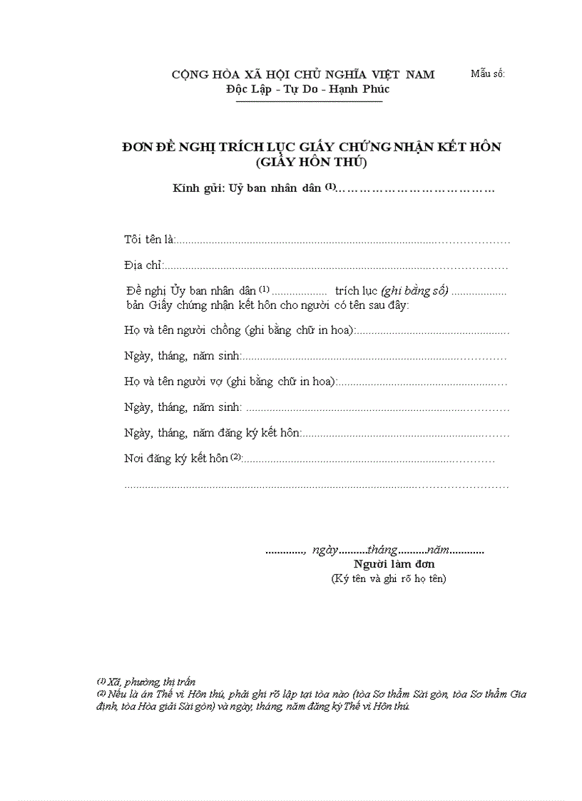 Đơn đề nghị trích lục giấy chứng nhận kết hôn giấy hôn thú