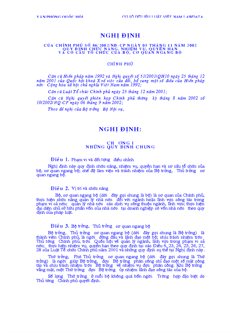 Nghị định của chính phủ Số 86 2002 NĐ CP ngày 05 tháng 11 năm 2002 quy định chức năng nhiệm vụ quyền hạn và cơ cấu tổ chức của bộ cơ quan ngang bộ