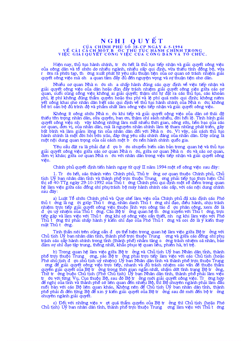 Nghị quyết của chính phủ số 38 cp ngày 4 5 1994 về cải cách một bơớc thủ tục hành chính trong việc giải quyết công việc của công dân và tổ chức