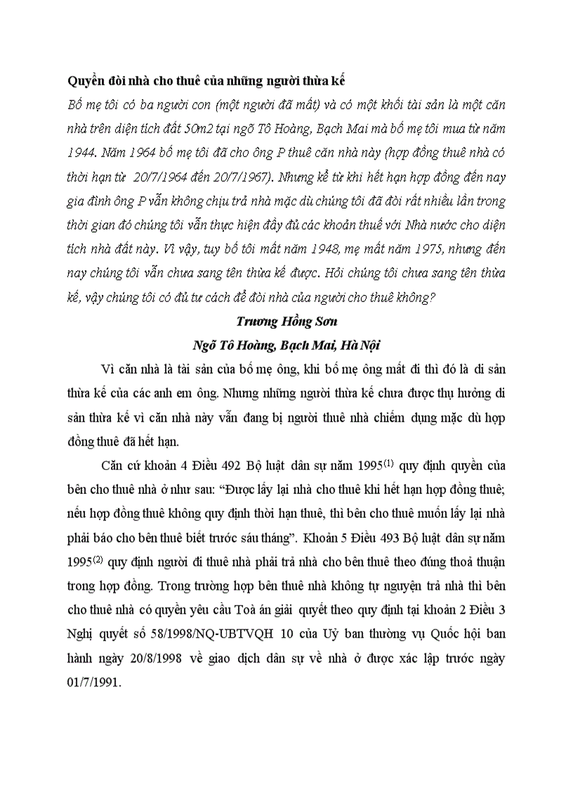 Tình huống và tư vấn PL về thừa kế nhà và QSD đất TH82 Quyền đòi nhà cho thuê của những người thừa kế