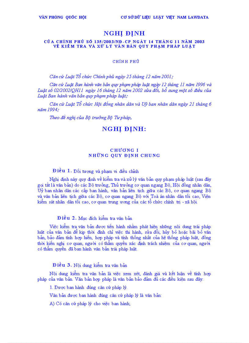 Nghị định của chính phủ số 135 2003 nđ cp ngày 14 tháng 11 năm 2003 về kiểm tra và xử lý văn bản quy phạm pháp luật