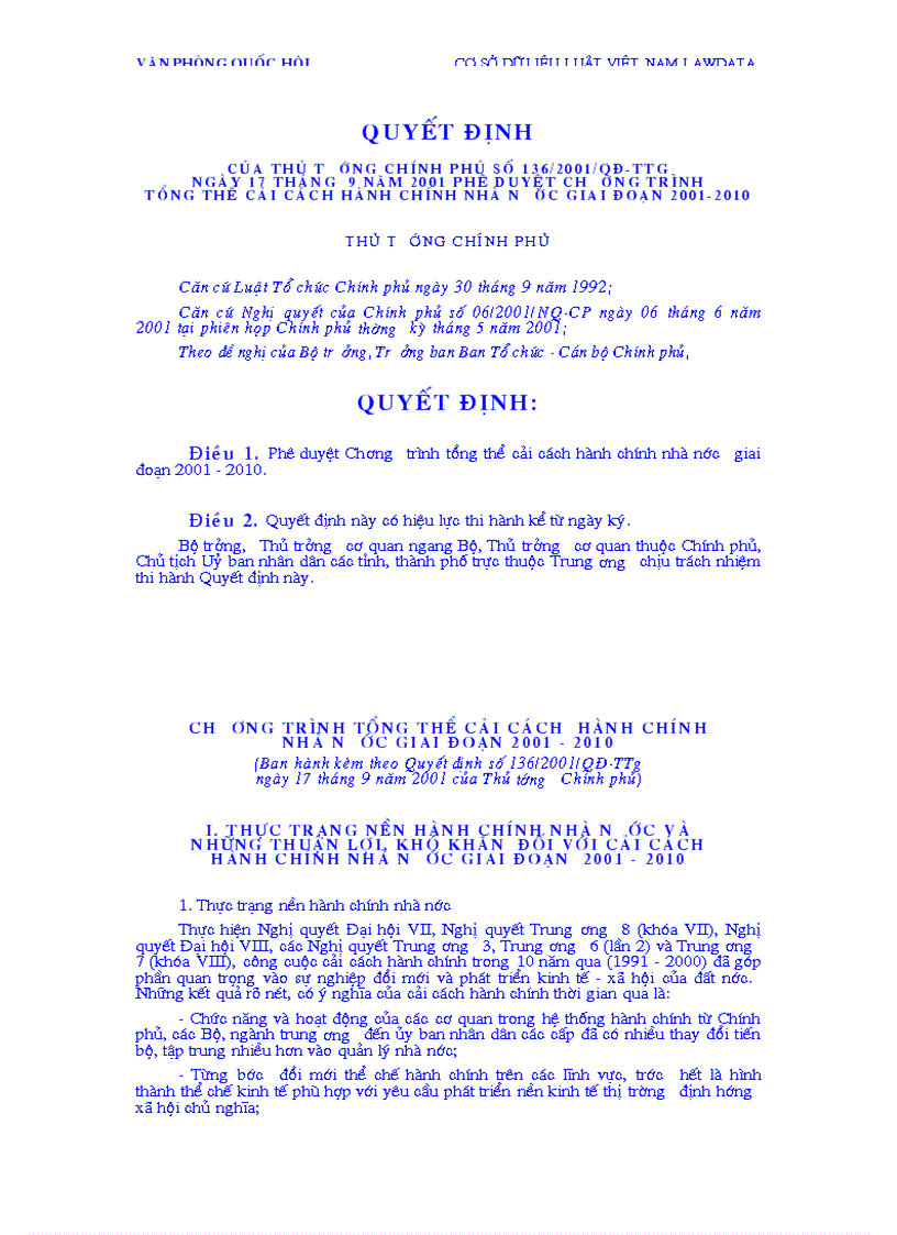 Quyết định của thủ tướng Chính phủ Số 136 2001 QĐ TTg ngày 17 tháng 9 năm 2001 Phê duyệt Chương trình tổng thể cải cách hành chính nhà nước giai đoạn 2001 2010