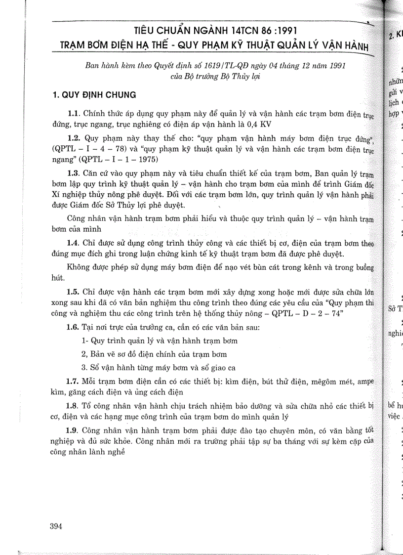 Tiêu chuẩn ngành 14 TCN 86 1991 Trạm bơm điện hạ thế quy phạm kỹ thuật quản lý vận hành Tiêu chuẩn ngành Thuỷ Lợi