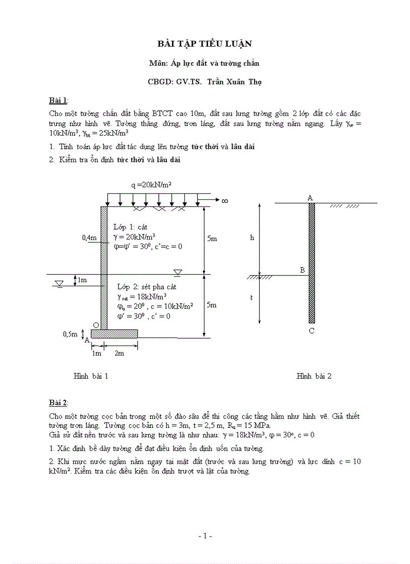 Đề BÀI TẬP TIỂU LUẬN Áp lực đất và tường chắn