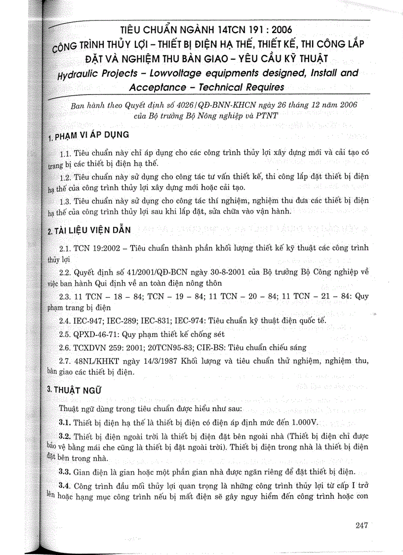 Tiêu chuẩn ngành 14 TCN 191 2006 Công trình thuỷ lợi thiết bị điện hạ thế thiết kế thi công lắp đặt nghiệm thu yêu cầu kỹ thuật Tiêu chuẩn ngành Thuỷ Lợi