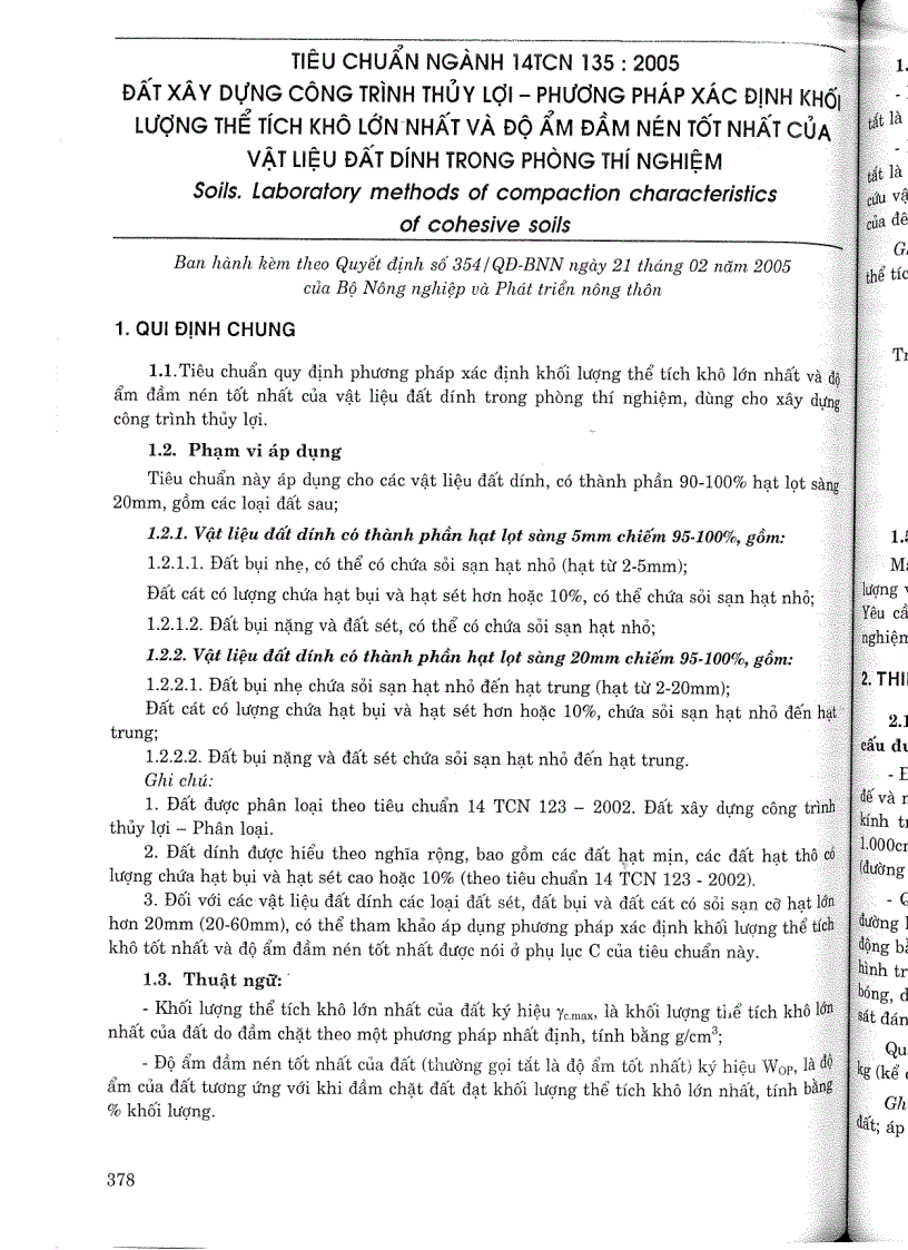 Tiêu chuẩn ngành 14 TCN 135 2005 Đất xây dựng công trình thuỷ lợi phương pháp xác định khối lượng thể tích khô lớn nhất và độ nén tốt nhất của vật liệu đất dính trong phòng thí nghiệm
