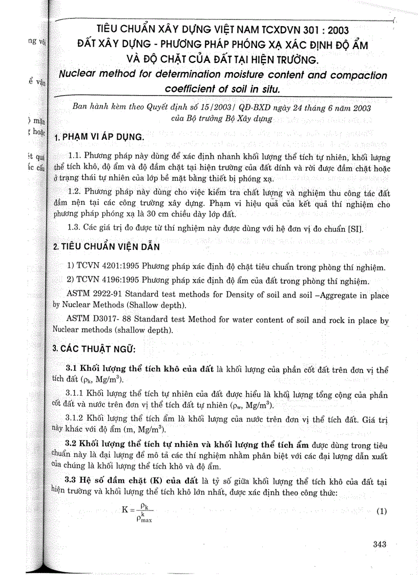 TCXDVN 301 2003 Đất xây dựng phương pháp phóng xạ xác định độ ẩm và độ chặt tại hiện trường Tiêu chuẩn xây dựng Việt Nam