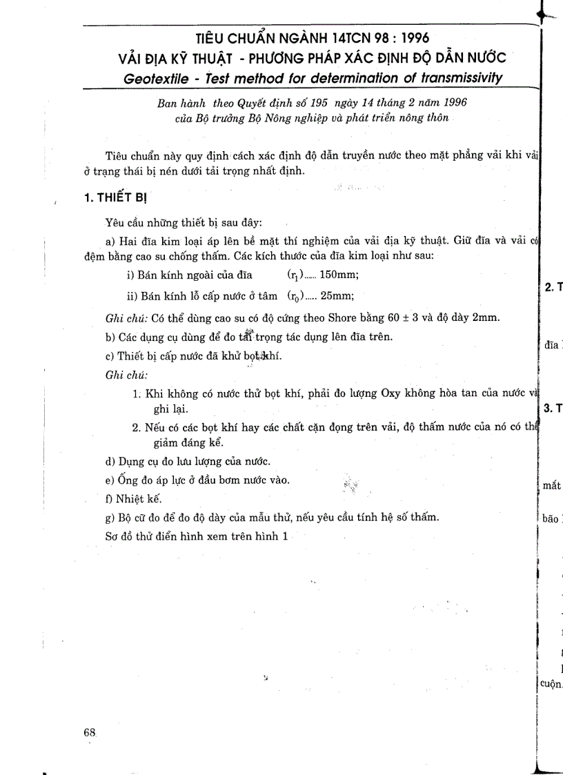 Tiêu chuẩn ngành 14 TCN 98 1996 Vải địa kỹ thuật phương pháp xác độ dẫn nước Tiêu chuẩn ngành Thuỷ Lợi