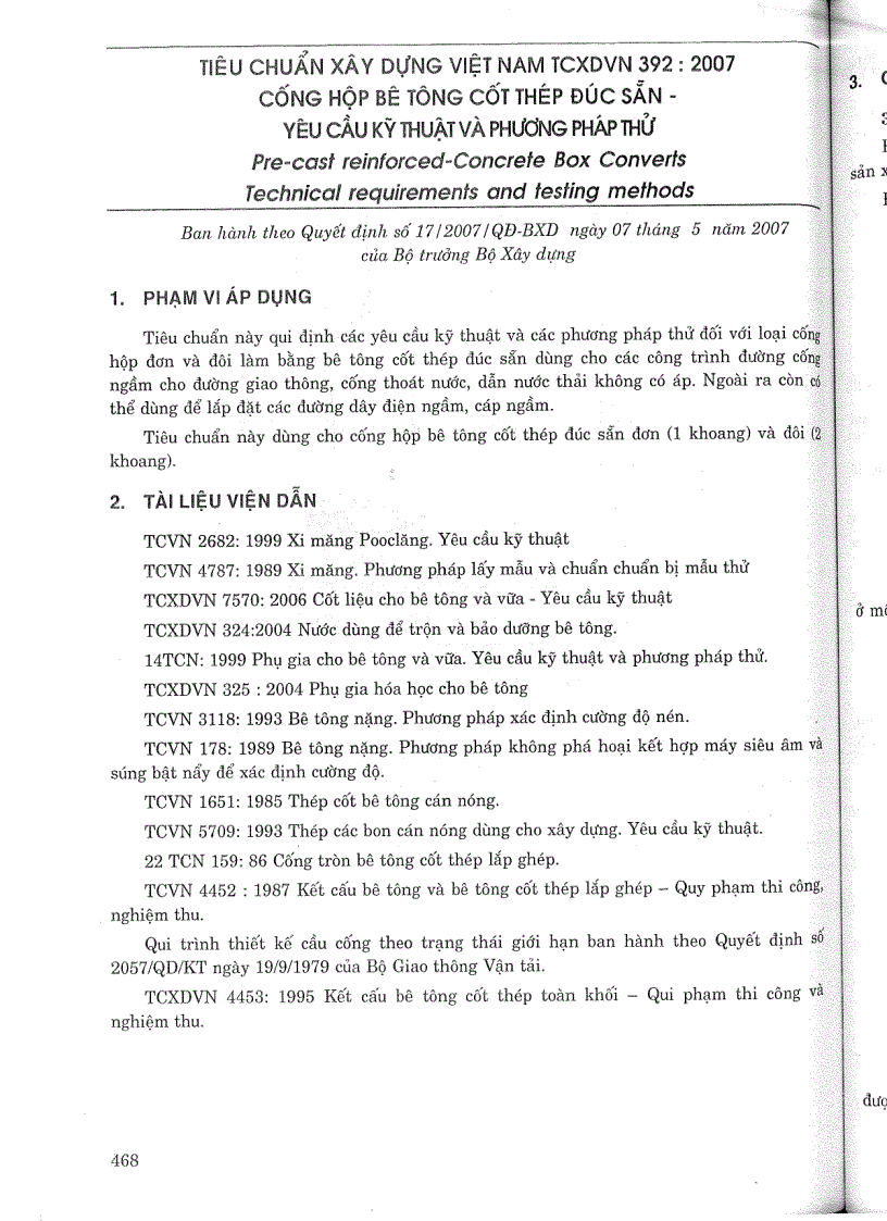 TCXDVN 392 2007 Cống hộp BTCT đúc sẵn yêu cầu kỹ thuật và phương pháp thử Tiêu chuẩn xây dựng Việt Nam