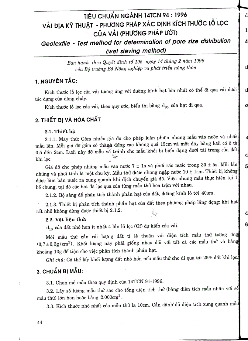 Tiêu chuẩn ngành 14 TCN 94 1996 Vải địa kỷ thuật phương pháp xác định kích thước lỗ lọc phương pháp ướt