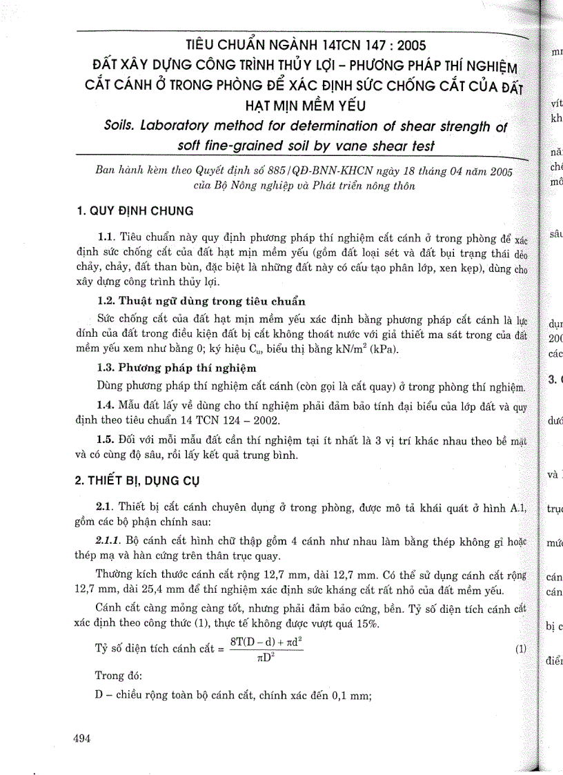 Tiêu chuẩn ngành 14 TCN 147 2005 Đất xây dựng công trình thuỷ lợi phương pháp thí nghiệm cắt cánh ở trong phòng để xác định sức chống cắt của đất hạt mịn mềm yếu Tiêu chuẩn ngành Thuỷ L