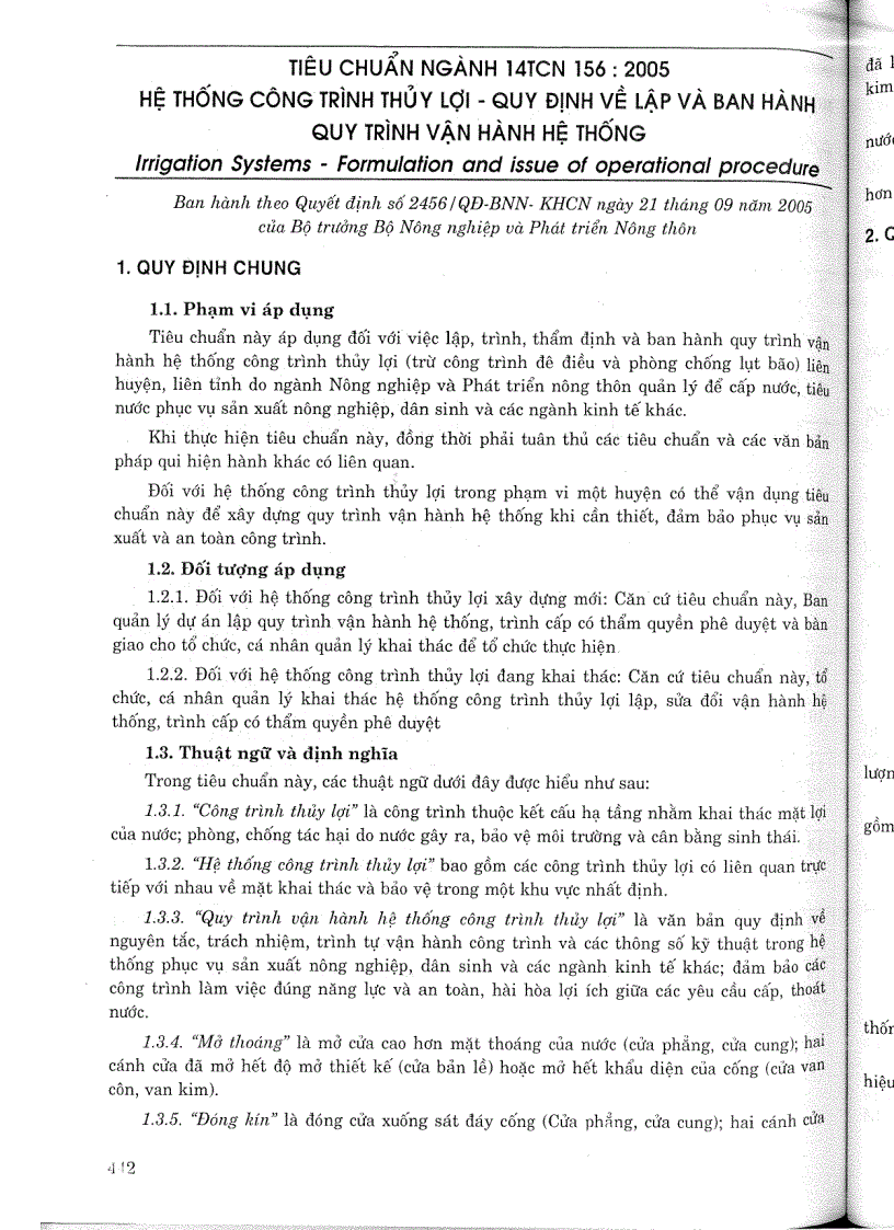 Tiêu chuẩn ngành 14 TCN 156 2005 Hệ thống công trình thuỷ lợi quy định về lập và ban hành quy trình vận hành hệ thống Tiêu chuẩn ngành Thuỷ Lợi
