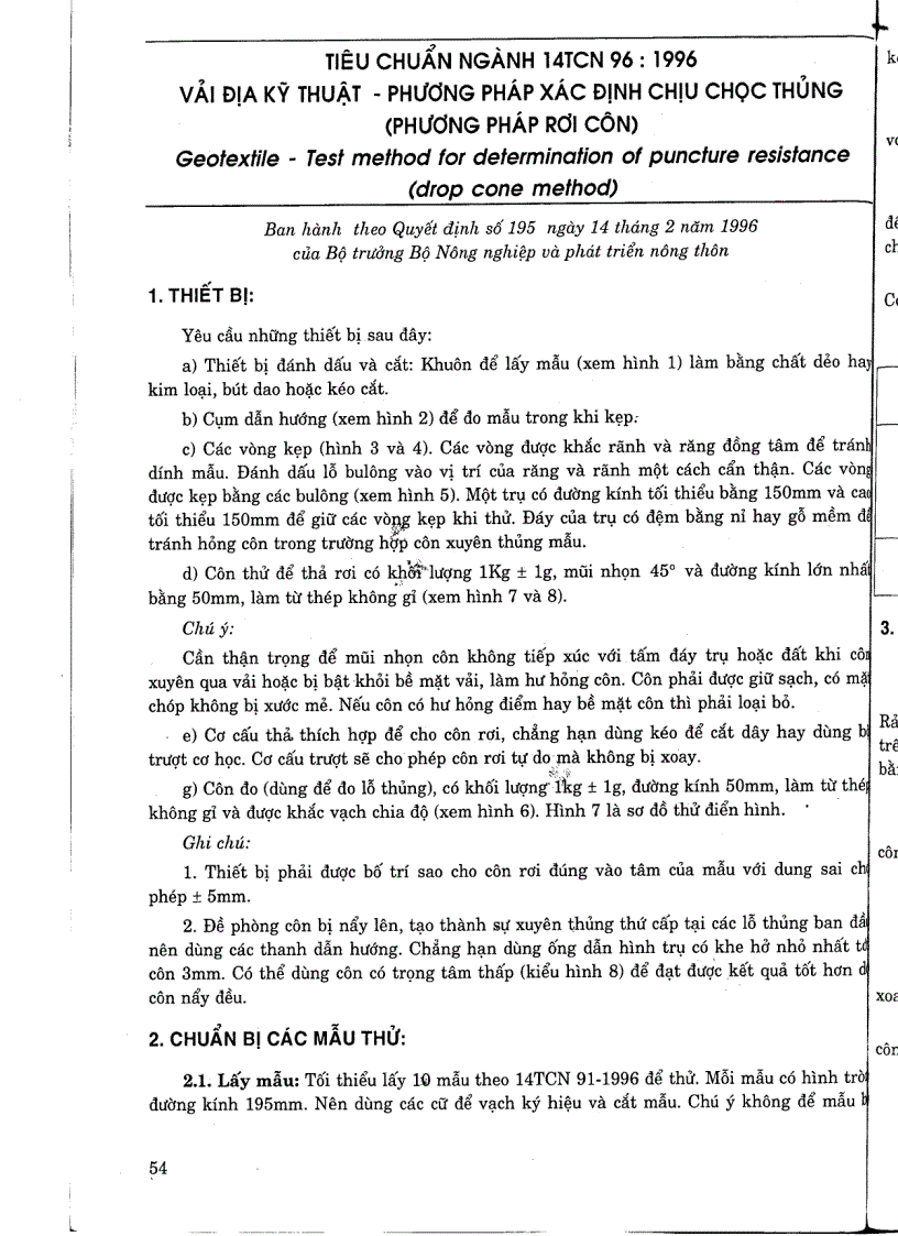 Tiêu chuẩn ngành 14 TCN 96 1996 Vải địa kỹ thuật phương pháp xác định chịu chọc thủng bằng côn rơi Tiêu chuẩn ngành Thuỷ Lợi