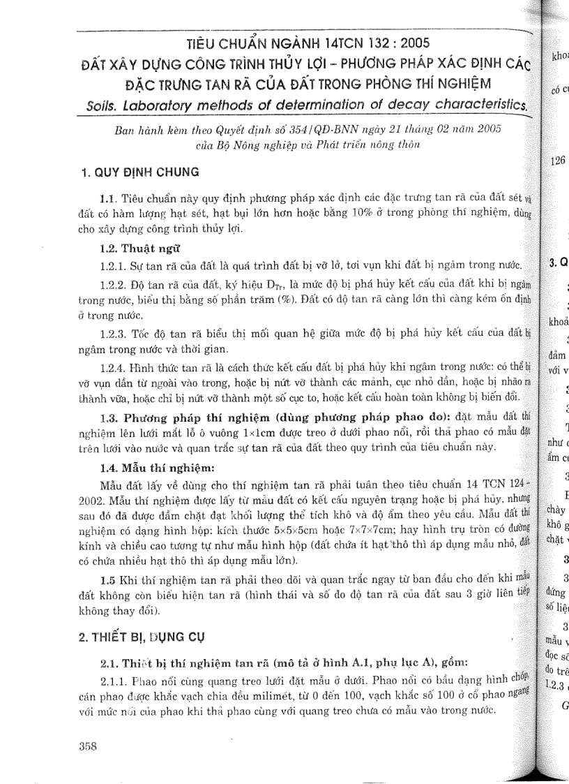 Tiêu chuẩn ngành 14 TCN 132 2005 Đất xây dựng công trình thuỷ lợi phương pháp xác định các đặc trưng tan rã của đất trong phòng thí nghiệm Tiêu chuẩn ngành Thuỷ Lợi