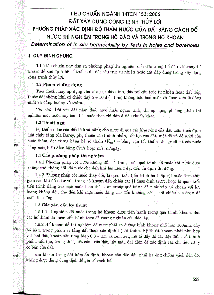 Phương pháp xác định độ thấm nước của đất bằng cách đổ nước thí nghiệm trong hố đào và trong hố khoan