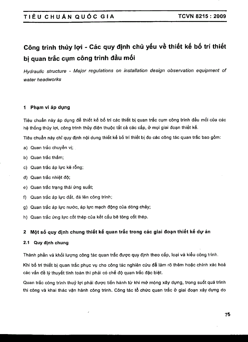 TCVN 8215 2009 Công trình thủy lợi các quy định chủ yếu về thiết kế bố trí thiết bị quan trắc cụm công trình đầu mối