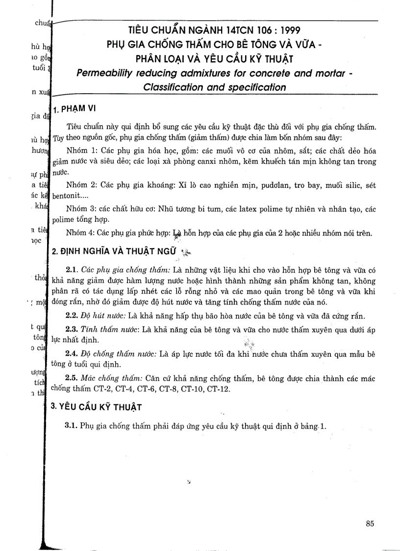 Tiêu chuẩn ngành 14 TCN 106 1999 Phụ gia chống thấm cho bê tông và vữa phân loại và yêu cầu kỹ thuật