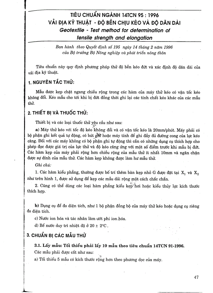 Tiêu chuẩn ngành 14 TCN 95 1996 Vải địa kỹ thuật độ bền chịu kéo và độ giãn dài
