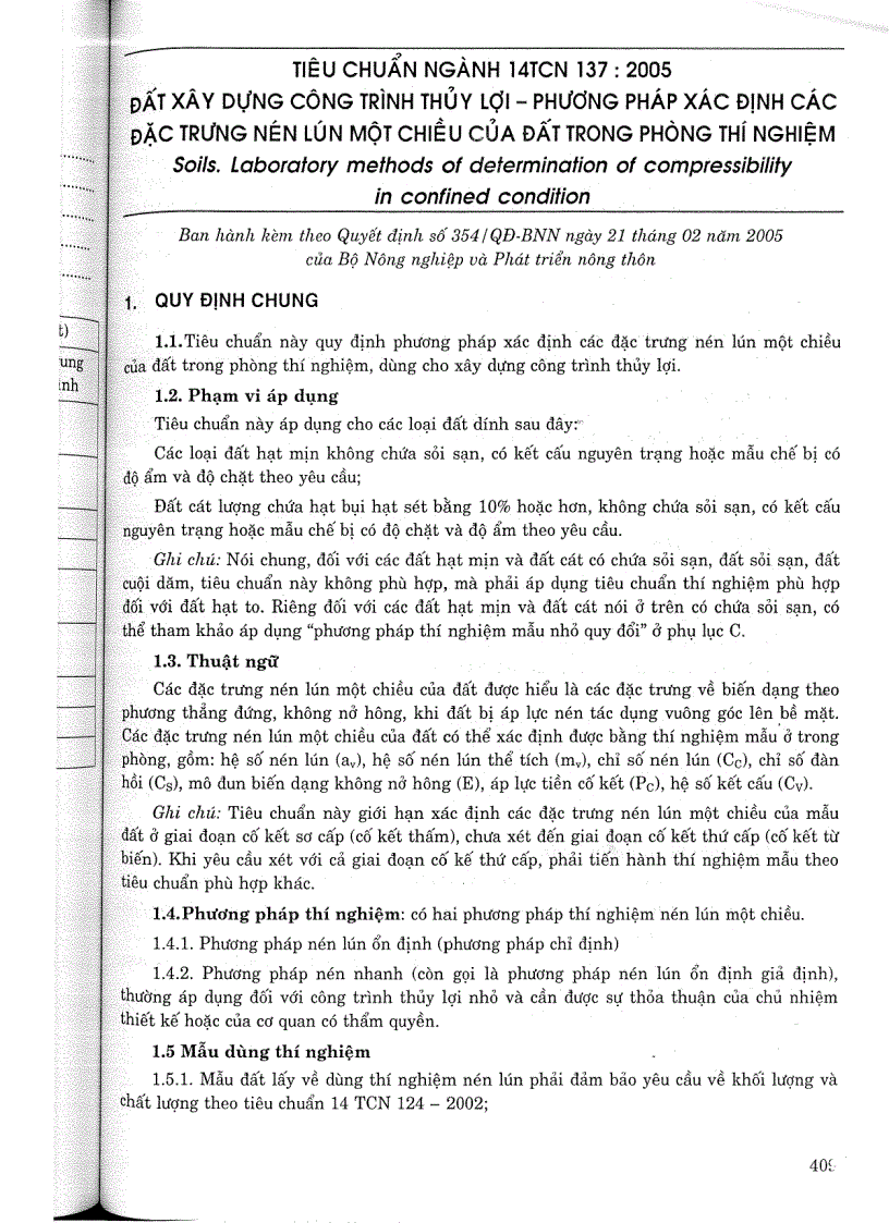 Tiêu chuẩn ngành 14 TCN 137 2005 Đất xây dựng công trình thuỷ lợi phương pháp xác định các đặc trưng nén lún một chiều của đất trong phòng thí nghiệm Tiêu chuẩn ngành Thuỷ Lợi