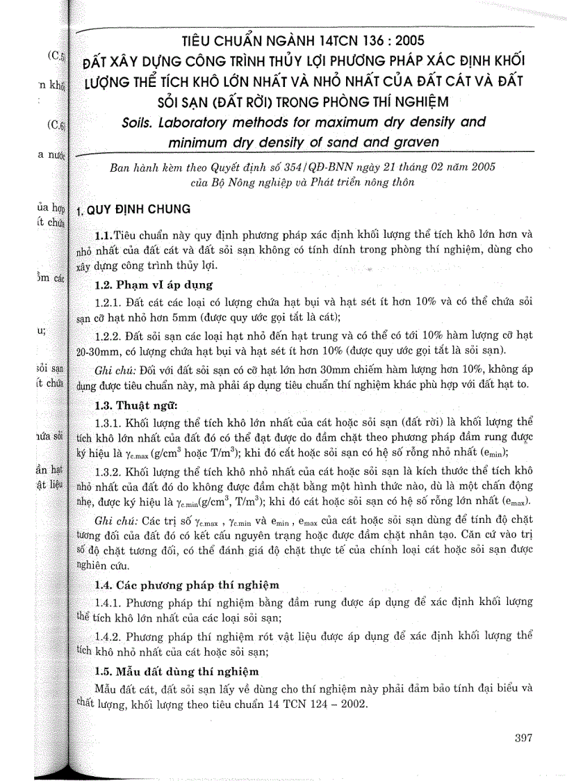Tiêu chuẩn ngành 14 TCN 136 2005 Đất xây dựng công trình thuỷ lợi phương pháp xác định khối lượng thể tích khô lớn nhất và nhỏ nhất của đất cát và đất sỏi sạn trong phòng thí nghiệm Tiêu