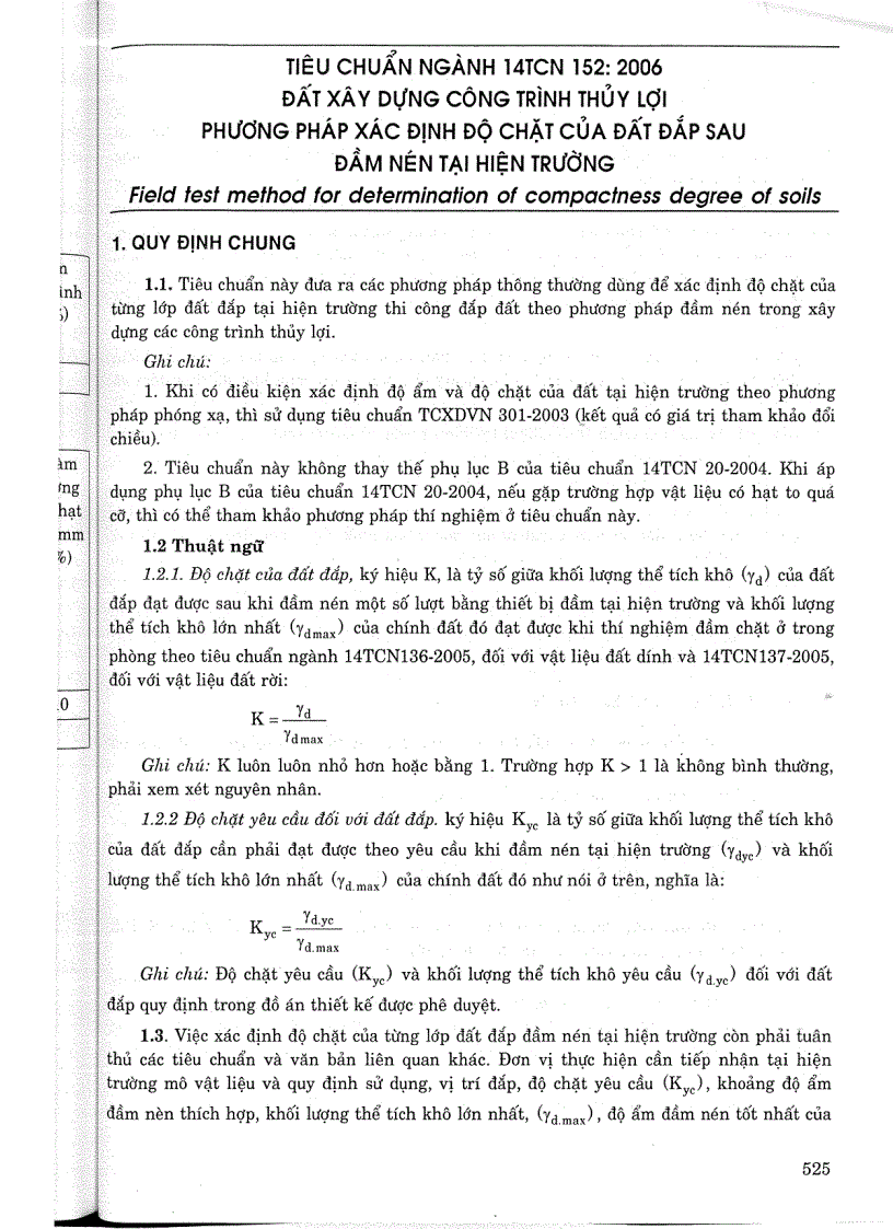 Tiêu chuẩn ngành 14 TCN 152 2006 Đất xây dựng công trình thuỷ lợi phương pháp xác định độ chặt của đất đắp tại hiện trường Tiêu chuẩn ngành Thuỷ Lợi