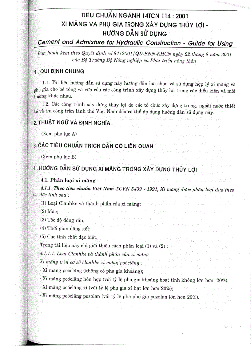 Tiêu chuẩn ngành 14 TCN 114 2001 Xi măng và phụ gia trong xây dựng thuỷ lợi hướng dẫn sử dụng Tiêu chuẩn ngành Thuỷ Lợi