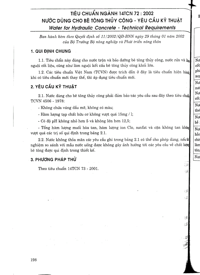 Tiêu chuẩn ngành 14TCN 72 2002 Nước dùng cho bê tông thuỷ công yêu cầu kỹ thuật Tiêu chuẩn ngành thuỷ lợi