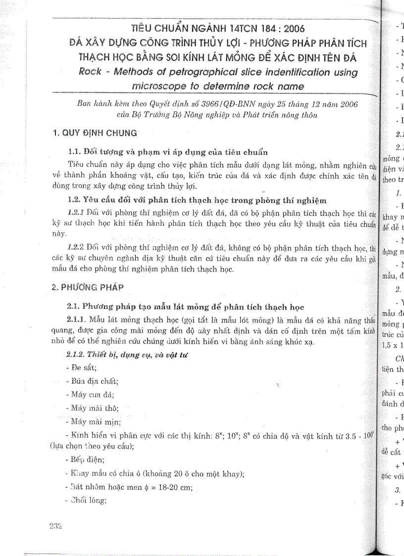 Tiêu chuẩn ngành 14 TCN 184 2006 Đá xây dựng công trình thuỷ lợi phương pháp phân tích thạch học bằng soi kính lát mỏng để xác định tên đá Tiêu chuẩn ngành Thuỷ Lợi