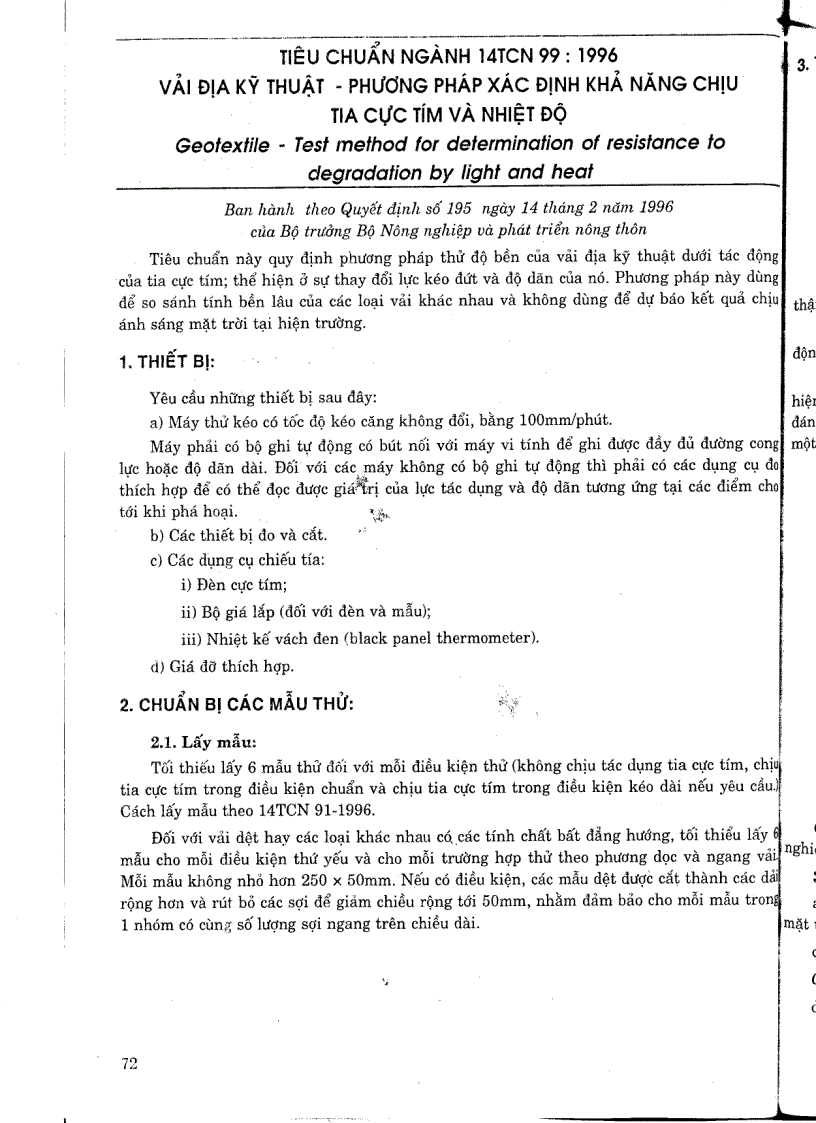 Tiêu chuẩn ngành 14 TCN 99 1996 Vải địa kỷ thuật phương pháp xác định khả năng chịu tia cực tím và nhiệt độ