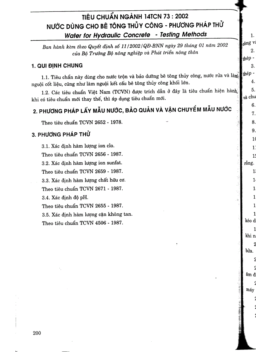 Tiêu chuẩn ngành 14 TCN 73 2002 Nước dùng cho bê tông thuỷ công phương pháp thử Tiêu chuẩn ngành Thuỷ Lợi