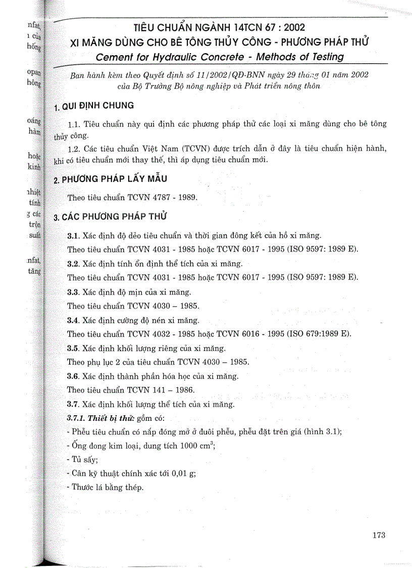 Tiêu chuẩn ngành 14 TCN 67 2002 Xi măng dùng cho bê tông thuỷ công phương pháp thử Tiêu chuẩn ngành Thuỷ Lợi