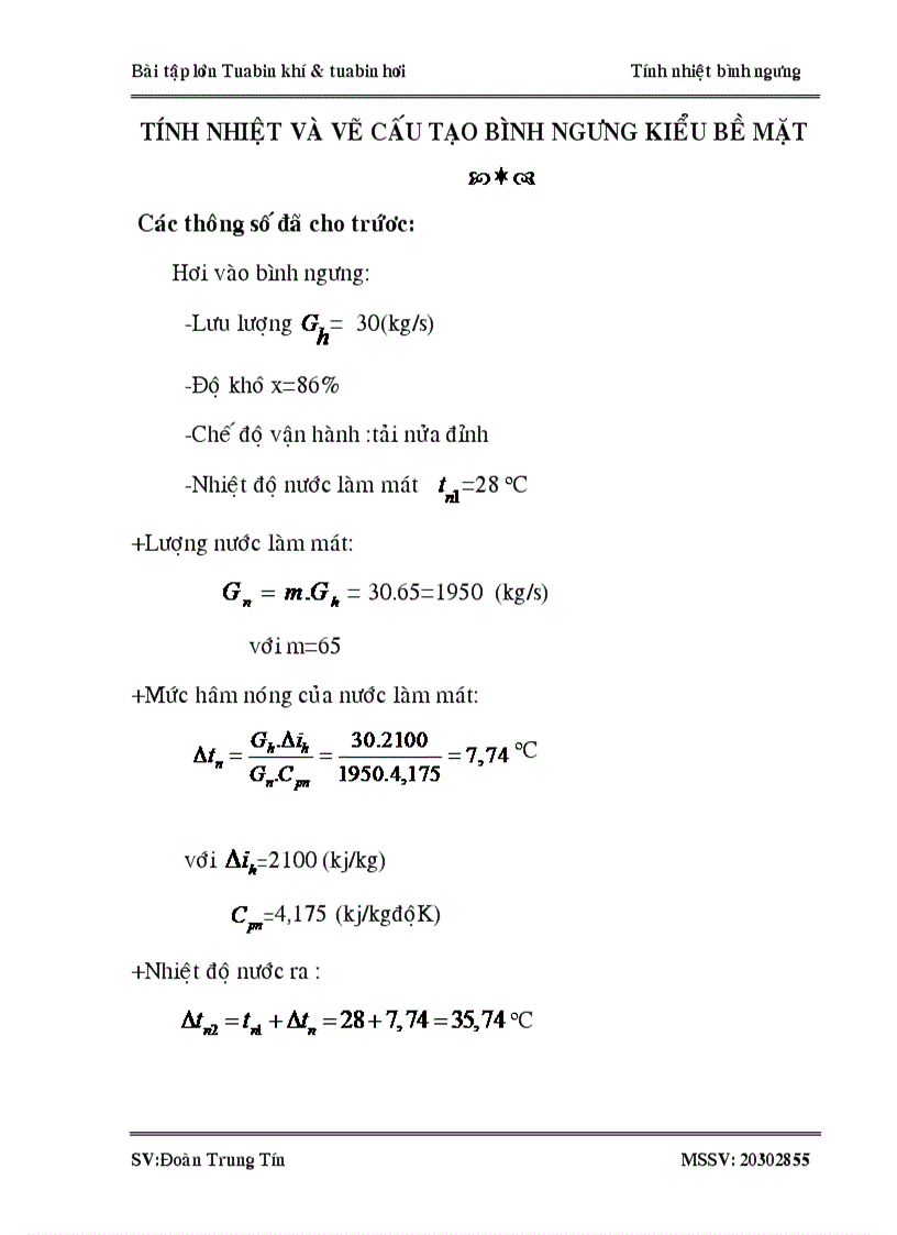 Bài tập lớn tuabin Tính nhiệt và vẽ cấu tạo bình ngưng kiểu bề mặt