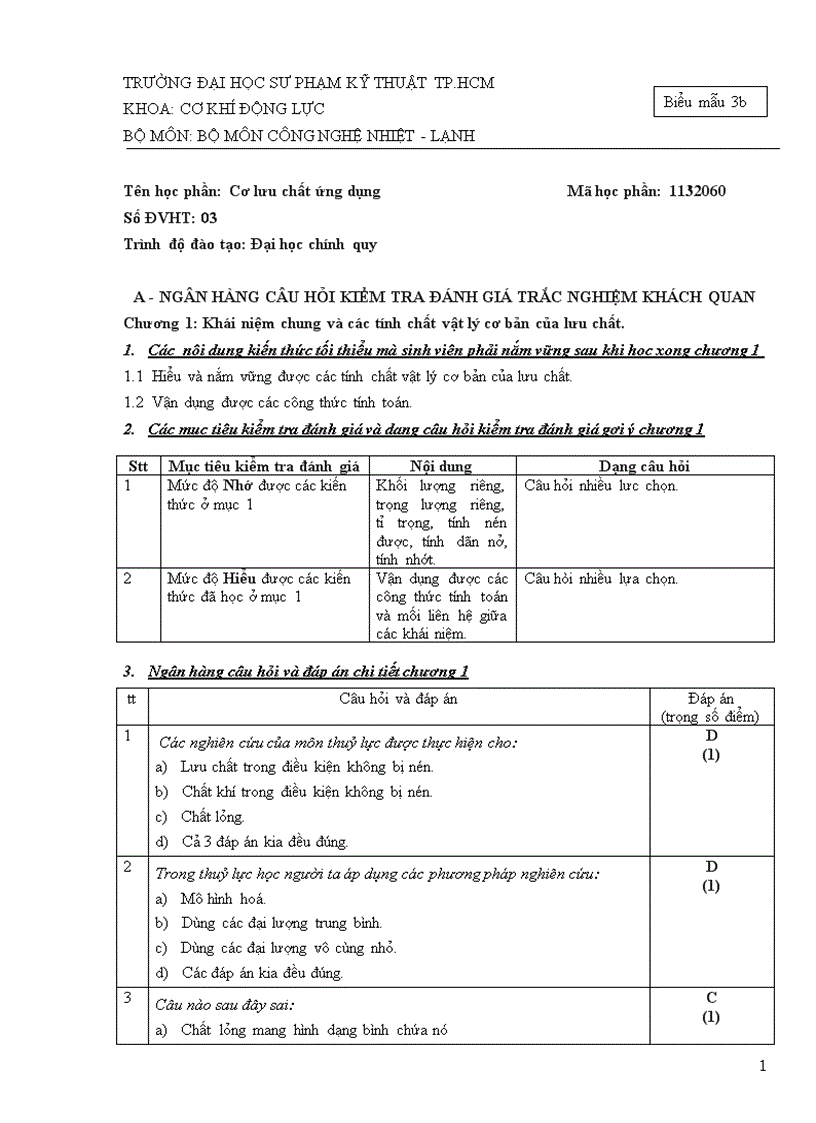 Một số đề trắc nghiệm cơ lưu chất dhspkt tphcm 1