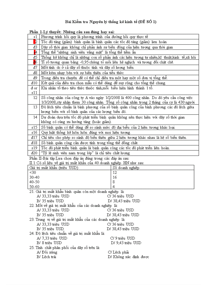 Đề thi giữa kỳ môn Nguyên Lý Thống Kê 1