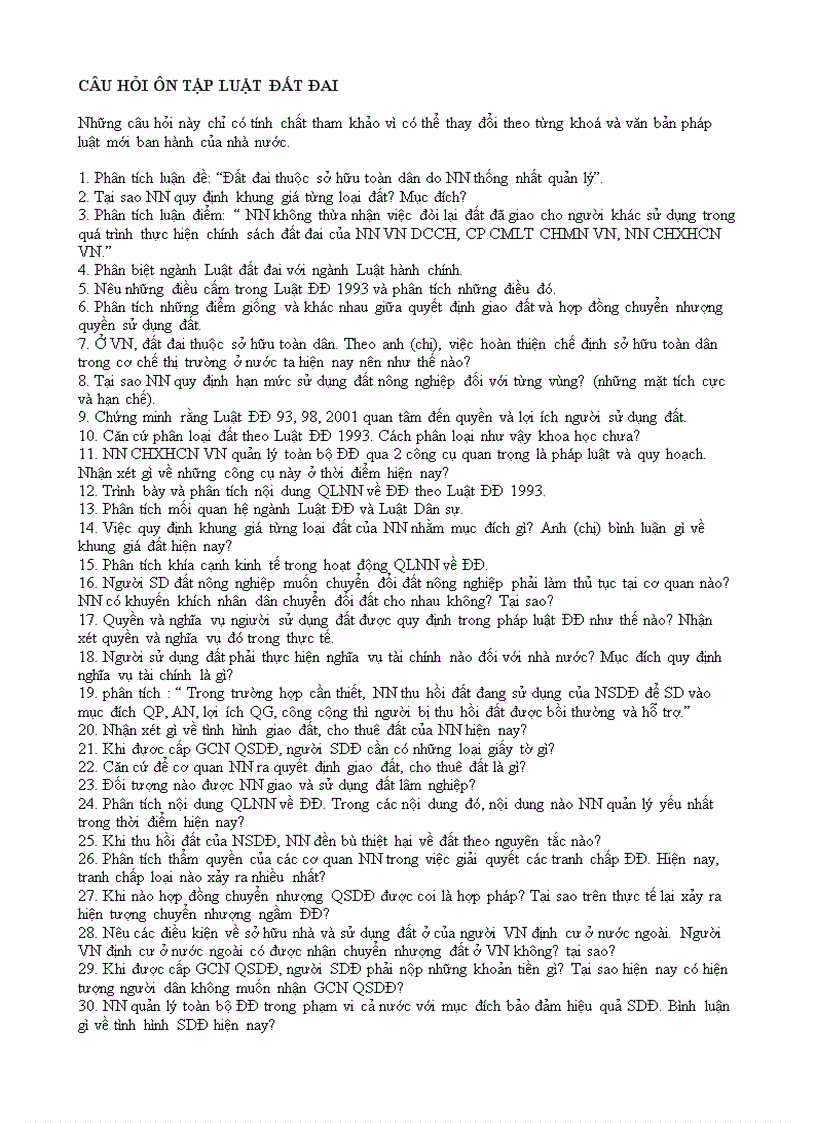 31 Câu hỏi và bài tập luật đất đai
