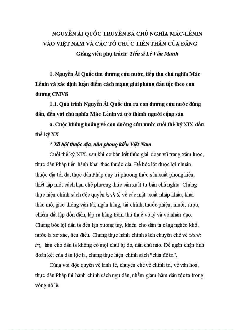 Bài giảng cao học Nguyễn ái quốc truyền bá chủ nghĩa mác lênin vào việt nam và các tổ chức tiền thân của đảng