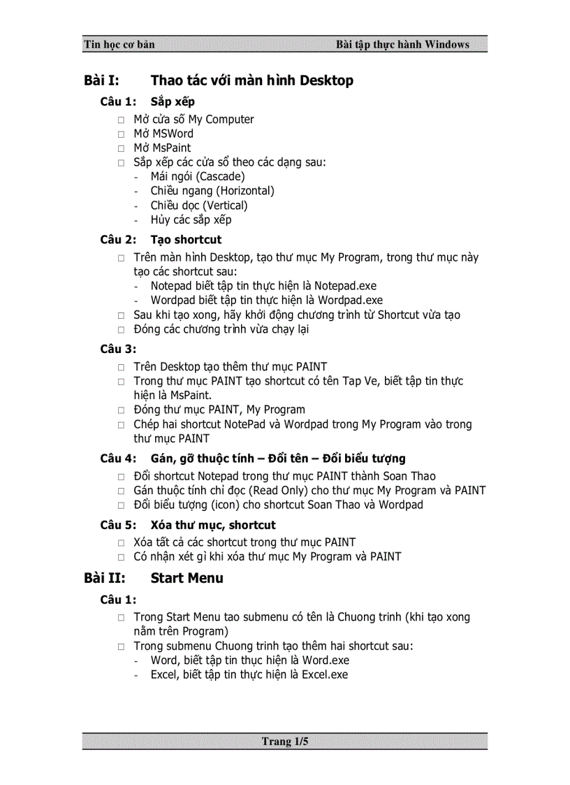 Tin học căn bản Bài tập thực hành Windows