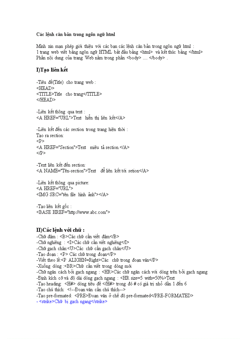 Các lệnh căn bản trong ngôn ngữ html
