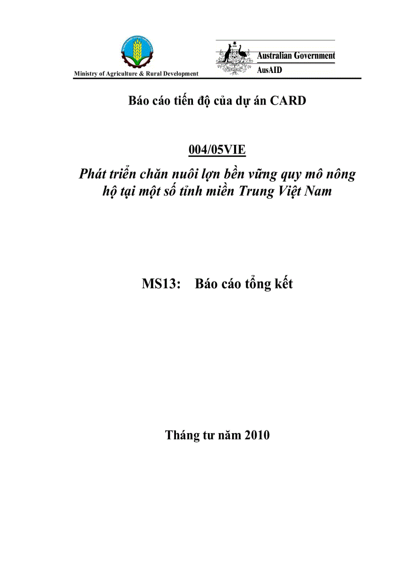 Báo cáo phát triển chăn nuôi lợn bền vững quy mô nông hộ tại một số tỉnh miền Trung Việt Nam