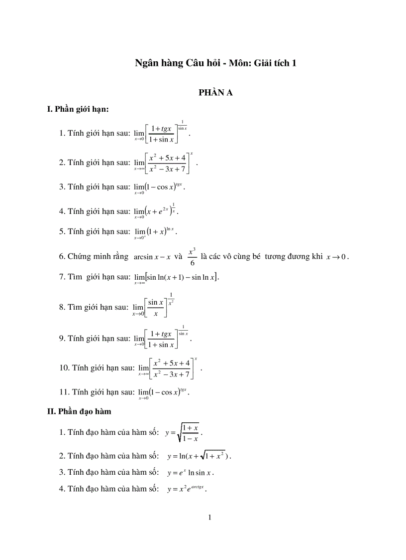 Ngân hàng câu hỏi Giải tích 1