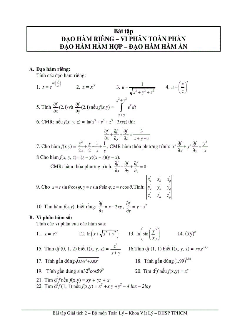 Bài tập Đạo hàm riêng Vi phân toàn tập Đào hàm hàm hợp Đạo hàm hàm ẩn