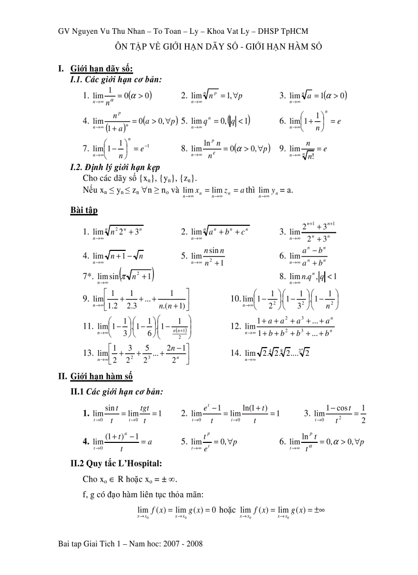 Ôn tập về Giới hạn dãy số Giới hạn hàm số