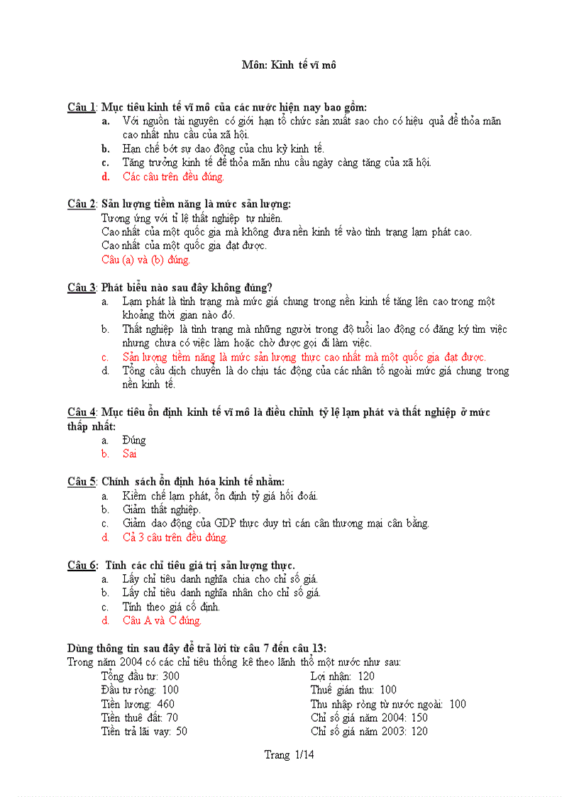 Trắc nghiệm kinh tế vĩ mô