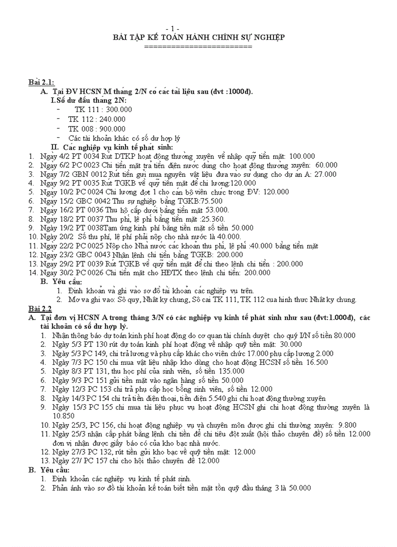 Bài tập kế toán hành chính sự nghiệp có lời giải