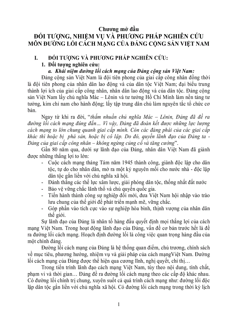 Đối tượng nhiệm vụ và phương pháp nghiên cứu đường lối cách mạng của Đảng cộng sản Việt Nam