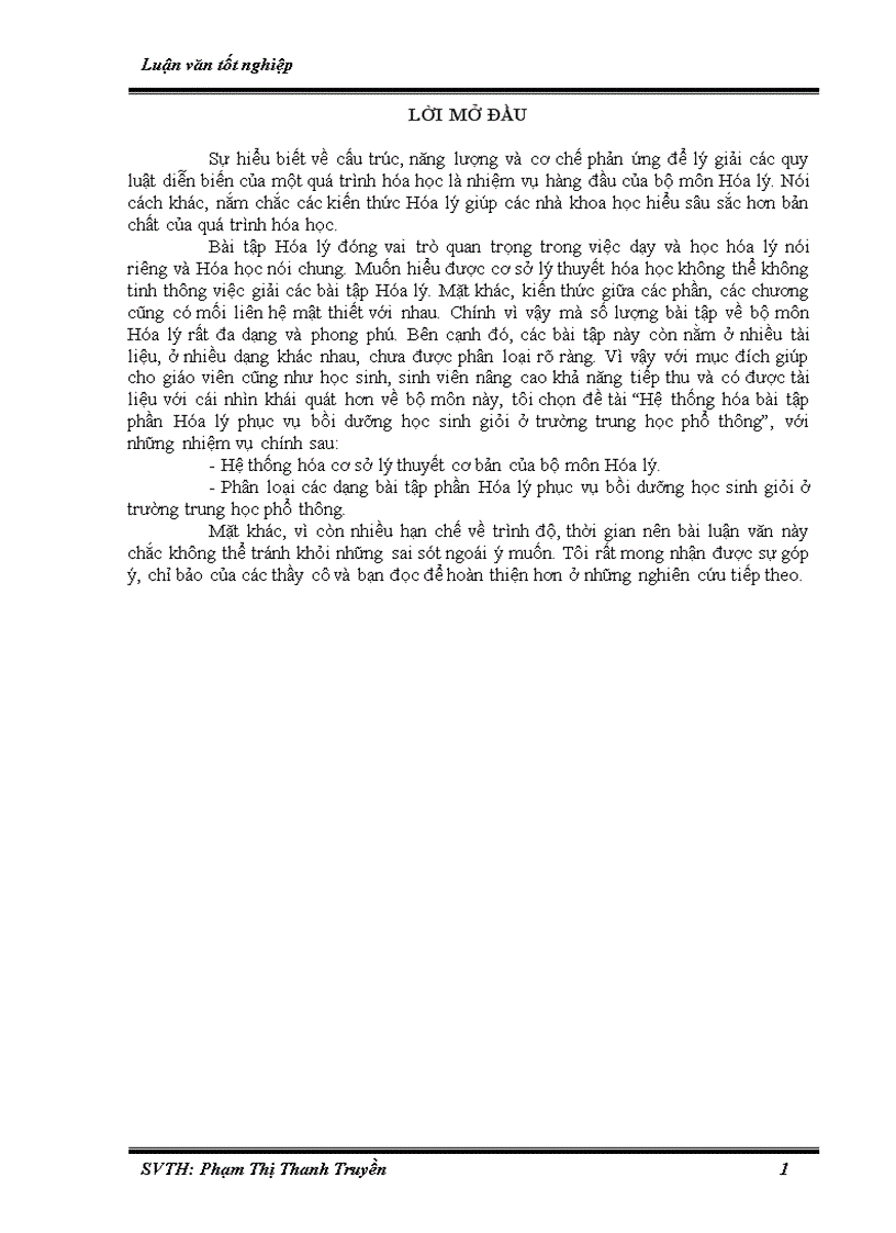 Hệ thống hóa bài tập phần Hóa lý phục vụ bồi dưỡng học sinh giỏi ở trường THPT